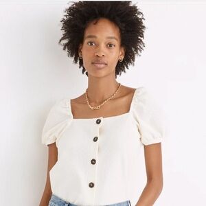 Madewell Jacquard Square-Neck Puff-Sleeve Top - Cream - Size Large